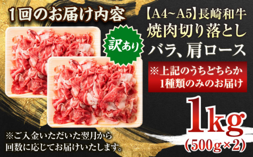 【全12回定期便】【訳あり】【A4～A5】長崎和牛焼肉切り落とし(肩ロース・バラ）　1kg（500g×2p）【株式会社 MEAT PLUS】 [QBS044]