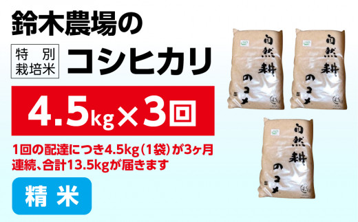 新米【定期便】令和六年産特別栽培米コシヒカリ4.5kg 精米 「3ヶ月連続お届け」定期便 合計13.5kg 精米 お米 ブランド米 ライス 炭水化物 ご飯 主食 食卓 おにぎり お弁当 ミネラル米 こしひかり ごはん こめ コメ 産地直送 国産 茨城県産 常総市 運動会 アウトドア キャンプ