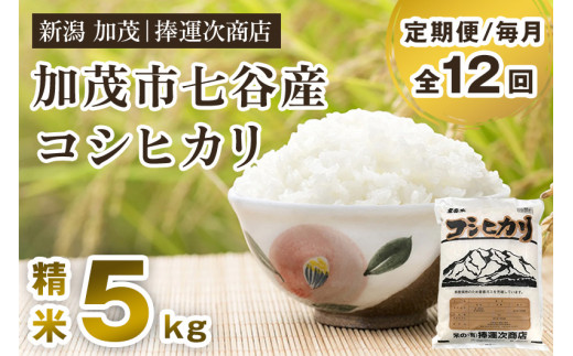 【令和6年産新米】【定期便12ヶ月毎月お届け】新潟県加茂市七谷産コシヒカリ 精米5kg 白米 捧運次商店 定期便