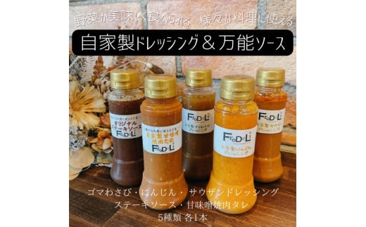 自家製ドレッシング＆万能ソース5点詰め合わせ【自家製 ドレッシング ソース 野菜 サラダ 胡麻 わさび サウザンドレッシング ステーキソース 焼肉たれ 水戸市 茨城県】(DE-2）