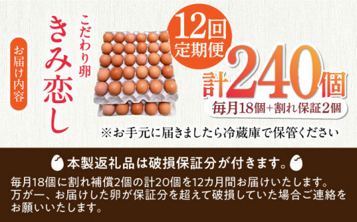 【12回定期便】きみ恋し 箱入り 20個（18個+割れ保証2個）×12ヶ月　総計240個 たまご 卵 玉子 タマゴ 鶏卵 濃厚 玉子焼き 卵焼き オムレツ たまごかけご飯 冷蔵 広川町 / 伊藤養鶏場 [AFAJ007]