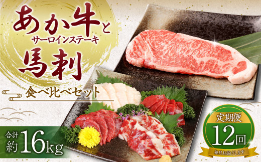 【定期便12ヶ月】あか牛 サーロイン肉 1kg (5枚～6枚) 馬刺し 300g (赤身100g霜降り100gたてがみ100g)