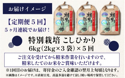 【令和6年産 新米】【5ヶ月定期便】ベストファーマー ほたるの里 特別栽培こしひかり 6kg（2kg×3） × 5回 計30kg 化学肥料不使用 農薬70％以上カット [E-002002]