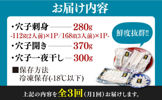 【全3回定期便】対馬産 活〆 穴子 ３点 セット D【THE・対馬株式会社】《対馬市》新鮮 あなご 刺身 天ぷら 海鮮 肉厚 簡単調理 5人前 [WAS015]