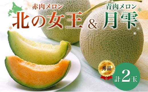 【2025年夏発送】北海道 赤肉メロン 北の女王 青肉メロン 月雫 秀品 約1.6kg 各1玉 令和7年 メロン 果物 フルーツ 旬 希少 甘い 豊潤 国産 ご褒美 産地直送 ギフト お祝い 贈答品 贈り物 お中元 常温 お取り寄せ 送料無料 [№5783-0725]