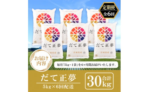 ＜6ヶ月定期便＞宮城県産 だて正夢 合計30kg (5kg×6回) お米 おこめ 米 コメ 白米 ご飯 ごはん 伊達 だてまさゆめ おにぎり お弁当 ブランド米 頒布会【株式会社パールライス宮城】ta321