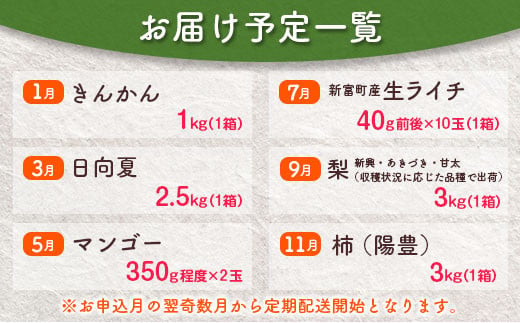 ＜奇数月全6回＞フルーツ 定期便 国産 果物 おすすめ 旬 宮崎県産 産地直送 マンゴー ライチ 日向夏 梨 柿 金柑【F140】