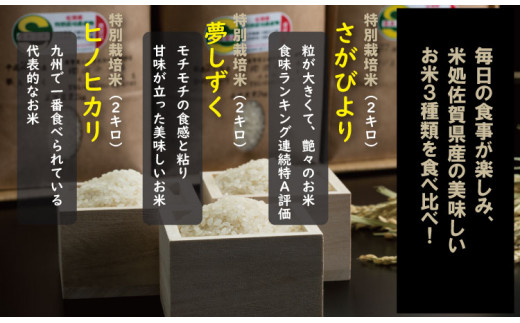 令和6年度産  佐賀県認定 特別栽培米 小城のお米（さがびより・ヒノヒカリ・夢しずく）　3種類×2kg 田中農場