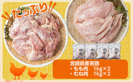 【業務用】宮崎県産若鶏4kgセット_AA-G303_(都城市) 鶏肉 モモ ムネ 各1kg×2P 計4kg 大容量 県産若鶏 平飼い 冷凍 業務用