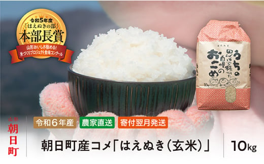 はえぬき 玄米 令和6年産 10kg 2024年産 農家直送 米 こめ コメ 山形県 朝日町産