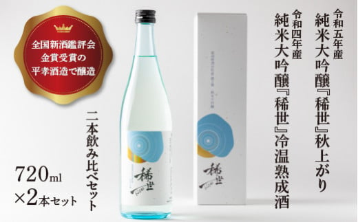 【あら茶屋】令和5年酒造年度全国新酒鑑評会金賞受賞の平孝酒造で醸造！涌谷町黄金大使・安野希世乃さんプロデュース「令和5年産 純米大吟醸『稀世』秋上がり」・「令和4年産純米大吟醸『稀世』」冷温熟成酒2本飲み比べセット ※離島への配送不可 ※2024年10月下旬より順次発送予定