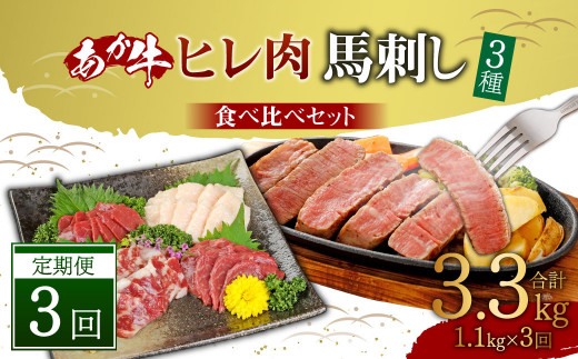 【定期便3ヶ月】あか牛 ヒレ肉 800g (6枚前後)・ 馬刺し 300g (赤身100g霜降り100gたてがみ100g)