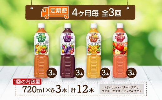 定期便 4ヵ月毎全3回 カゴメ 野菜生活100 飲み比べセット スマートPET 720ml  4種 計12本 オリジナル ベリーサラダ マンゴーサラダ アップルサラダ 野菜 果実 ミックスジュース 野菜ジュース フルーツジュース フルーツ 飲料 KAGOME 送料無料 那須塩原市 ns038-032