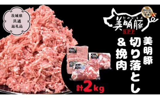 美明豚 切り落とし 1kg & 挽肉 1kg　計 2㎏【茨城県共通返礼品 行方市】 豚肉 国産 銘柄 お手頃 グルメ 茨城県 料理 [CV003sa]