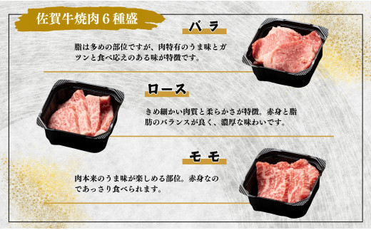 【年内発送！】佐賀牛を焼肉で食べ比べ！6種セット 【ロース・モモ・バラと焼肉屋さん厳選３種】を組み合わせた 合計360g（60g×6種類）焼肉セット 佐賀牛 高級和牛  ロース バラ モモ 部位別 焼肉屋さん 厳選 ギフト 贈り物 年内お届け 年内配送【有田まちづくり公社】N25-11