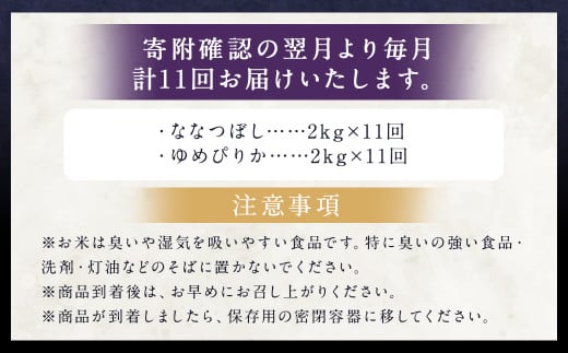 【11ヶ月定期便】らんこし米食べ比べ (ななつぼし・ゆめぴりか) 各2kg