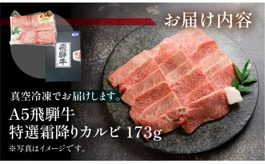 飛騨牛 A5 特選霜降りカルビ  173g（約2人前）【冷凍 真空】牛肉 霜降り しもふり 焼肉  牛 天狗 ブランド牛 焼き肉 下呂市 飛騨