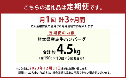 【3ヶ月定期便】熊本県産 赤牛ハンバーグ (150g×10)×3回 合計4.5kg