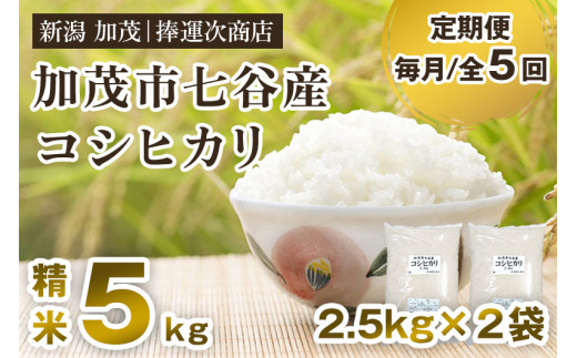 【令和6年産新米】【定期便5ヶ月毎月お届け】新潟県加茂市七谷産コシヒカリ 精米5kg（2.5㎏×2袋） 白米 捧運次商店 定期便