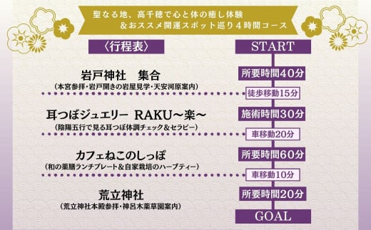 聖なる地、高千穂で心と体の癒し体験！＆おススメの開運スポット巡り4時間コース 2名様 A197