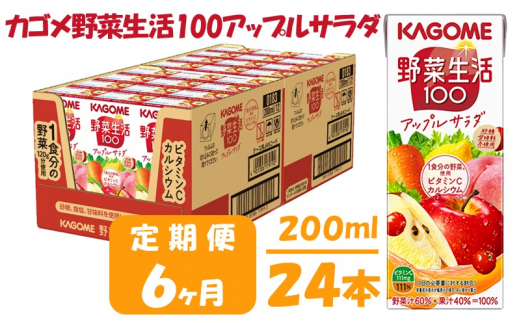 【 定期便 6ヶ月 】カゴメ 野菜生活100 アップルサラダ 200ml×24本 ジュース 野菜 果実ミックスジュース 果汁飲料 紙パック 砂糖不使用 1食分の野菜 カルシウム ビタミンA ビタミンC にんじん汁 飲料類 ドリンク 野菜ドリンク 備蓄 長期保存 防災 飲みもの