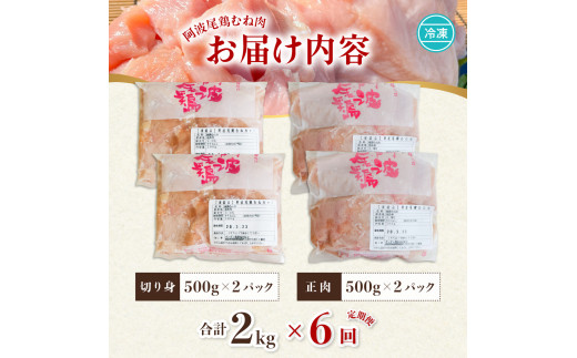 【阿波尾鶏のお肉定期便 ６か月連続】阿波尾鶏むね肉２ｋｇ ６回お届け 6ヶ月定期便 阿波尾鶏 むね肉 約2kg (約2kg×6回) 冷凍 切り身 正肉 セット 徳島 地鶏 あわおどり