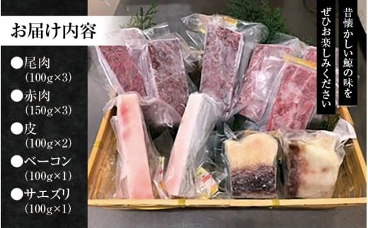 鯨肉セット（尾肉100g×3・赤肉150g×3・皮100g×2・ベーコン100g×1・サエズリ100g×1）／刺身 くじら クジラ クジラ肉 くじら肉【tgk103】