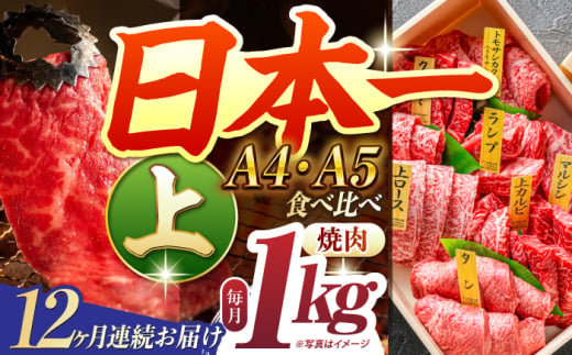 【12回定期便】【A4-A5上ランク】 長崎和牛 焼肉 盛り合わせ（上盛り）約1kg 長与町/meat shop FUKU [ECS012] 国産 和牛 焼肉 セット こくさん 牛肉 やきにく 小分け 焼肉 焼き肉 冷凍 焼肉 ロース 食べ比べ 赤身 1kg 焼肉セット 定期便 定期