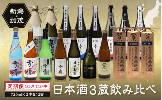 【定期便12ヶ月毎月お届け】【20セット限定】 日本酒3蔵飲み比べセット 24本（720ml×2本×12ヶ月）《2025年1月以降順次発送》マスカガミ 雪椿酒造 加茂錦酒造 贈答 加茂市 マルダイ有本 定期便