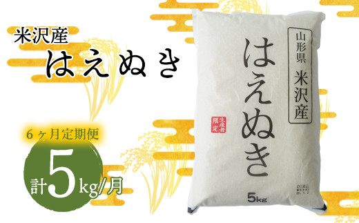 【 6ヶ月定期便 / 令和5年産 】 はえぬき 5kg ( 1袋 ) / 月 計 30kg 米沢産 2023年産 [031-011]