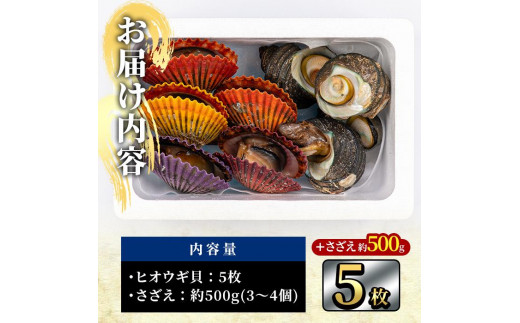 ヒオウギ貝(5枚)とサザエ(約500g) 魚介 貝 ヒオウギ貝 ひおうぎ貝 サザエ さざえ 栄螺 酒蒸し 網焼き バター焼き バーベキュー 獲れたて 冷蔵 海の直売所 大分県 佐伯市【AS121】【海べ (株)】