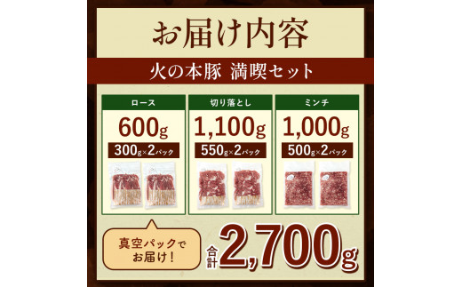 【定期便6回】火の本豚 満喫セット（ロース、切り落とし、ミンチ） 2700g | 熊本県 和水町 くまもと なごみまち 豚肉 肉 ロース 豚ロース 300g 切り落とし ウデモモ 550g ミンチ 500g 冷凍 定期 6回 毎月発送