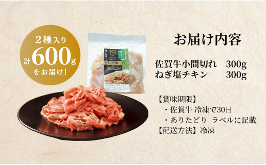 【年内発送！】牛肉＆鶏肉 佐賀の地元産お肉を2種楽しめる 佐賀牛小間切れ ありたどり塩ネギ セット 各300g 計600g  肉 佐賀牛 牛肉 おすすめ 1万円 年内お届け 年内配送 N10-66