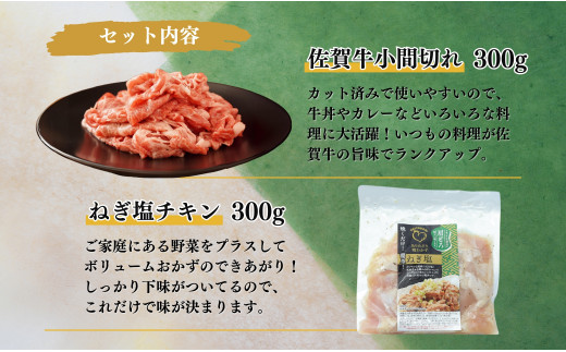 【年内発送！】牛肉＆鶏肉 佐賀の地元産お肉を2種楽しめる 佐賀牛小間切れ ありたどり塩ネギ セット 各300g 計600g  肉 佐賀牛 牛肉 おすすめ 1万円 年内お届け 年内配送 N10-66