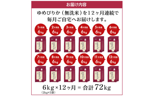 米 定期便 12カ月 無洗米 ゆめぴりか ホクレンゆめぴりか 2kg × 3 チャック付袋 お米 コメ こめ おこめ 6キロ 白米 北海道 道産 国産 特A ごはん ご飯 おかず おにぎり お取り寄せ