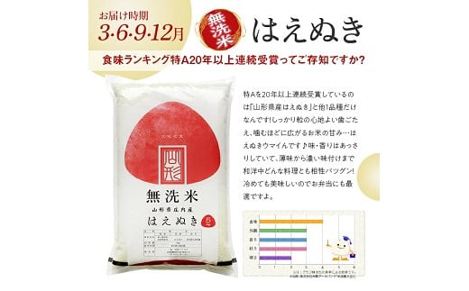 1134T03　【定期便】無洗米3銘柄定期便 5kg×12ヶ月連続 計60kg(3月～2月) つや姫 雪若丸 はえぬき