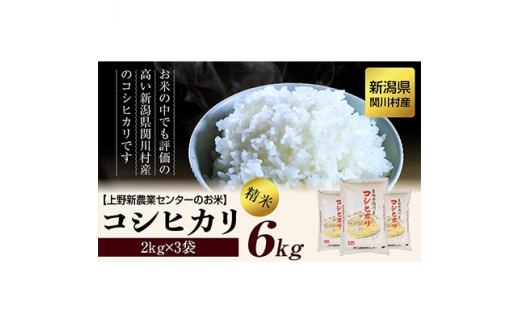 上野新農業センターのお米 関川村産コシヒカリ精米6kg(2kg×3袋)【1346326】