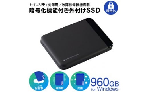 【080-01】ロジテック セキュリティ対策 暗号化 外付けSSD ポータブル 小型 960GB 故障検知機能搭載 USB3.2 Gen1 耐衝撃【LMD-PBL960U3BS】