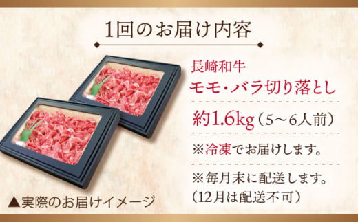 【全6回定期便】長崎和牛 切り落とし 総計9.6kg （約1.6kg/回）【ながさき西海農業協同組合】 [QAK036] 牛肉 モモ バラ しゃぶしゃぶ すき焼き 22万8千円 228000円