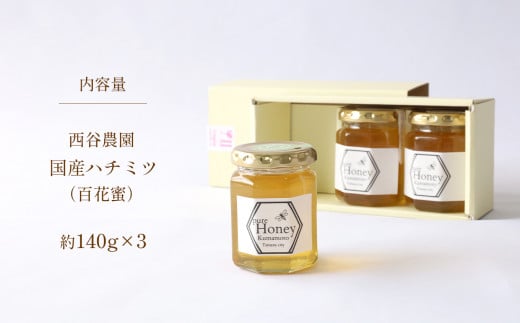 西谷農園 国産ハチミツ 約140g × 3 | 調味料 加工品 ハチミツ はちみつ 蜂蜜 国産 生はちみつ 自家採蜜 熊本県 玉名市