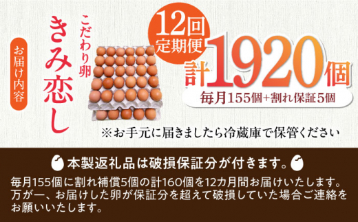 【12回定期便】きみ恋し 160個（155個+割れ保証5個）×12ヶ月 総計1920個 広川町/伊藤養鶏場 [AFAJ018]