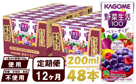 【 定期便 12ヶ月 】 カゴメ 野菜生活100 ベリーサラダ 200ml×48本 ジュース 野菜 果実ミックスジュース 果汁飲料 紙パック 砂糖不使用 1食分の野菜 鉄分 ポリフェノール ビタミンA 飲料類 ドリンク 野菜ドリンク 備蓄 長期保存 防災 飲みもの