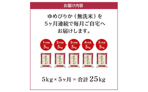 定期便 無洗米 ゆめぴりか 5kg 5カ月 ホクレン ANA 機内食 採用 お米 コメ こめ おこめ 5キロ 白米 北海道 道産 国産 特A ごはん ご飯 おかず おにぎり お取り寄せ