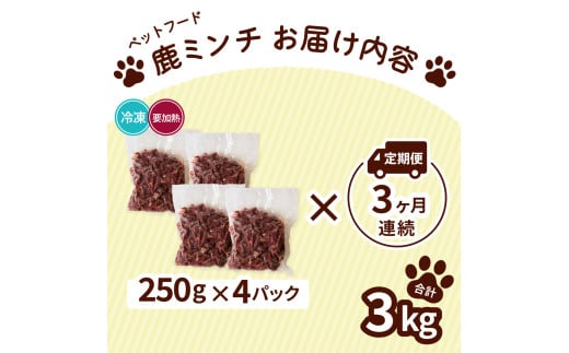 ペット用 鹿ミンチ 定期便250g×4P×3回 鹿肉 ミンチ ペットフード 無添加 高たんぱく 低脂肪 豊富な鉄分 手作りフード 【選べる粗挽き／細挽き】