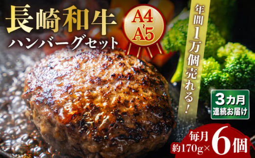 【3回定期便】【年間1万個売れる！】A4-A5 長崎和牛 ハンバーグセット 約170g×6個 長与町/meat shop FUKU [ECS006] 国産 牛肉100% ハンバーグ はんばーぐ A5 冷凍 調理済み 味付き 和牛 ハンバーグ 冷凍 定期便 定期 ていきびん