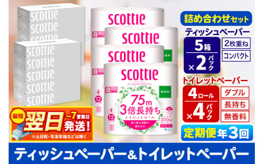 《4ヶ月ごとに3回お届け》定期便 トイレットペーパー スコッティ 3倍長持ち 無香料 4ロール(ダブル)×4P ＆ ティッシュペーパー スコッティ10箱(5箱×2P) 秋田市オリジナル【レビューキャンペーン中】