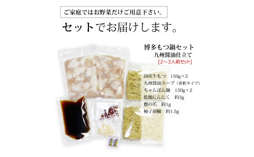 博多もつ鍋セット（九州醤油仕立て） 2～3人前 国産牛もつ300g