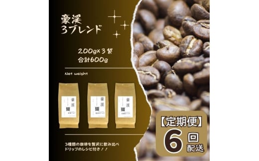 【定期便】総社珈琲3種飲み比べ（名勝豪渓編）豆600g（200g×3袋）【ドリップレシピ付き】〔6回配送〕030-012