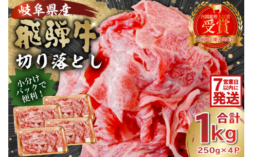 【7営業日以内発送】 飛騨牛切り落とし1Kg（250ｇ×4）【 早期発送  牛肉 カレー シチュー 牛丼 肉じゃが 牛しぐれ煮 炒め物 食品 肉 国産 和牛 ブランド牛 ブランド 小分け パック セット 国産牛 お肉 ロース もも 赤身 バラ ミックス 料理 岐阜県 】