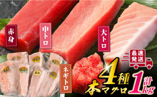 【お歳暮対象】対馬産 本マグロ 4種 計1kg（赤身/中トロ/大トロ/ネギトロ）《対馬市》【対海】[WAH004] マグロ まぐろ 鮪 本鮪 本マグロ 養殖 トロ 中トロ 中とろ 大トロ 大とろ 赤身 ねぎとろ ネギトロ たたき 刺身 冷凍 海鮮 魚 柵 お祝い 贈答